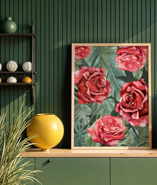 Red roses and green foliage pattern in watercolor style