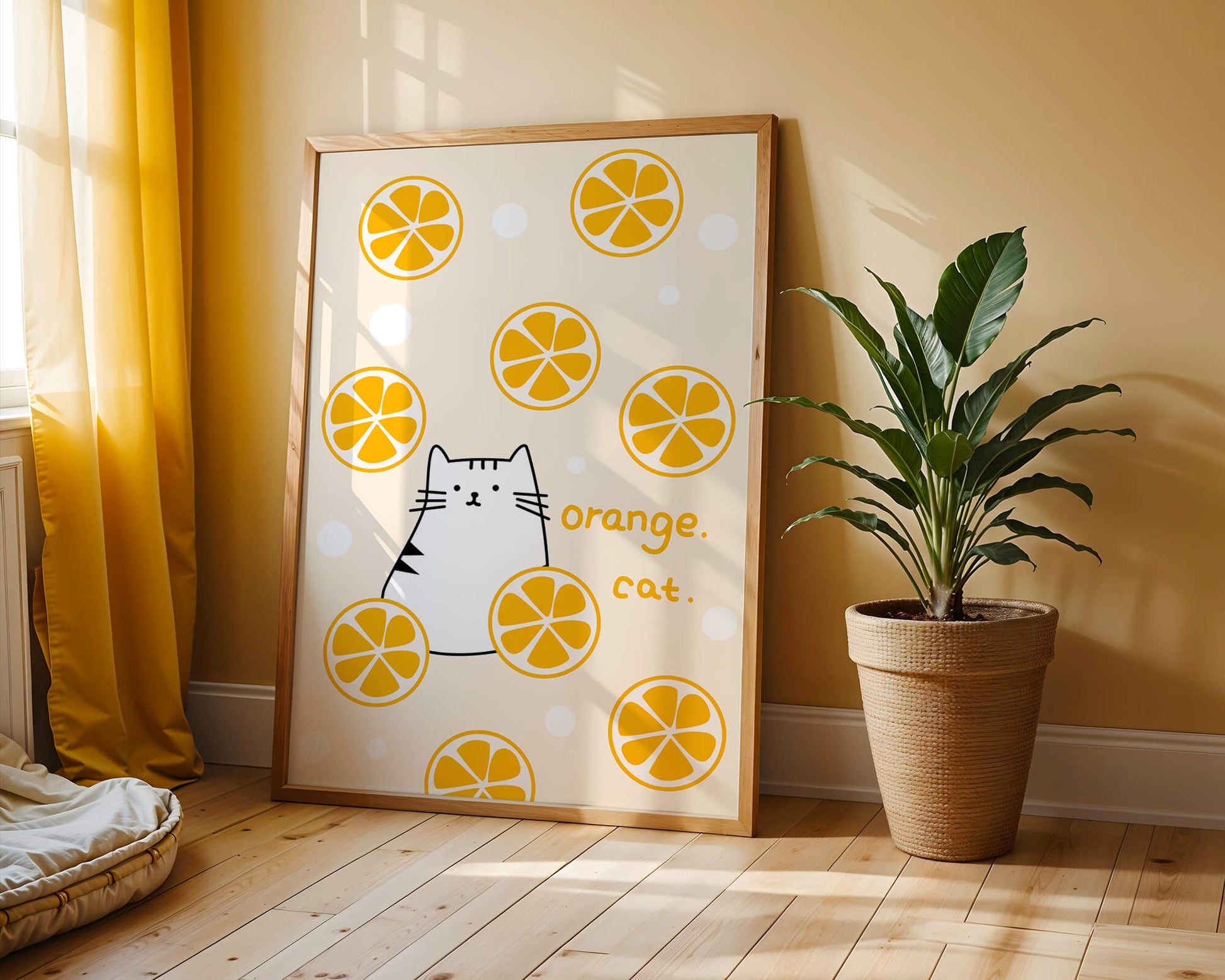 Playful illustration featuring a cat and orange slices