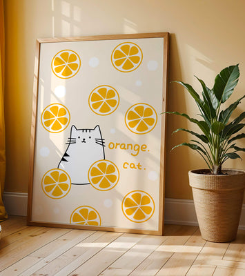 Playful illustration featuring a cat and orange slices