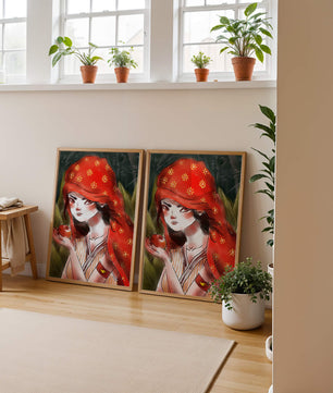 Illustration d'une fille en capuchon rouge tenant une pomme dans une forêt