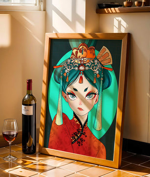 Elegant illustration of a woman in traditional attire with intricate headpiece
