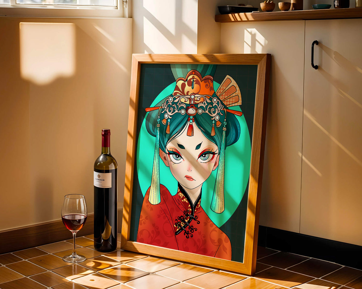 Elegant illustration of a woman in traditional attire with intricate headpiece