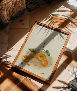 Still Life with Persimmons and Branch on a Neutral Background