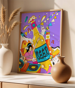 Vibrant Party Scene with DJ and Cartoon Characters