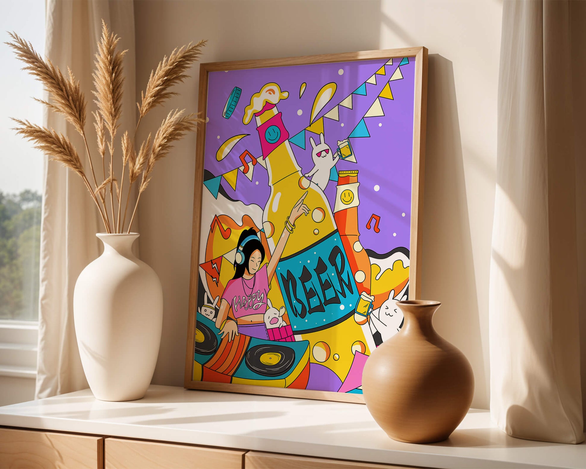 Vibrant Party Scene with DJ and Cartoon Characters