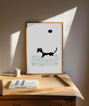 Whimsical cat illustration in field of flowers