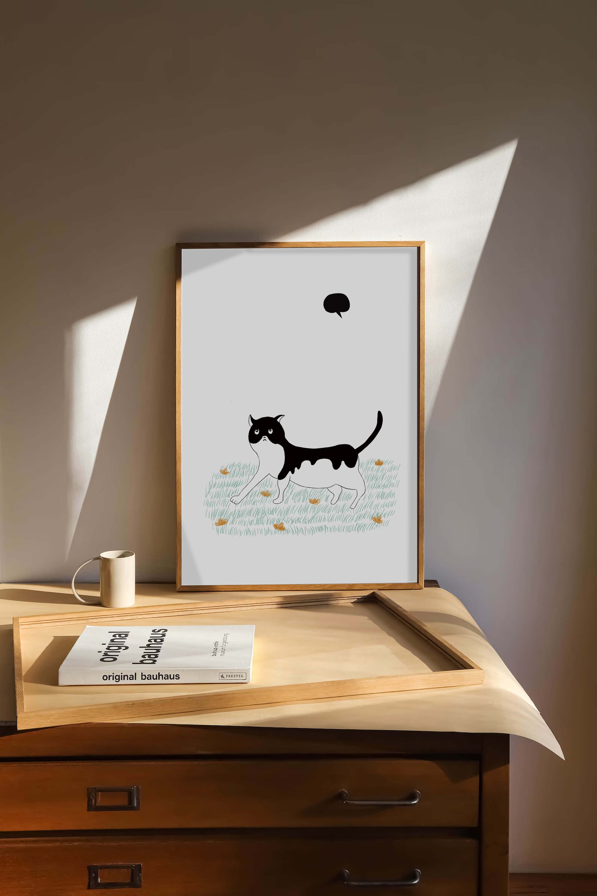 Whimsical cat illustration in field of flowers