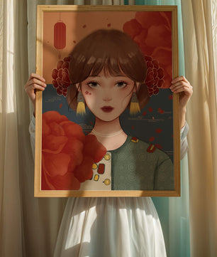 Digital art of a girl with floral and lantern elements