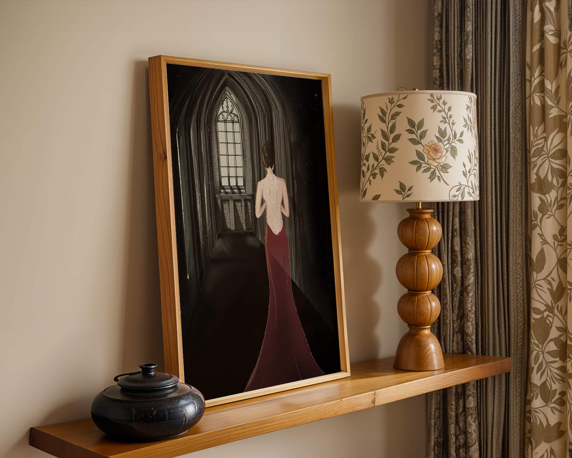 Elegant woman in a red dress inside a gothic hallway