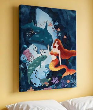 Underwater scene with a mermaid interacting with sea creatures in a vibrant ocean cave