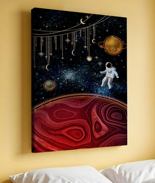 Escena espacial surrealista con astronauta y elementos celestiales