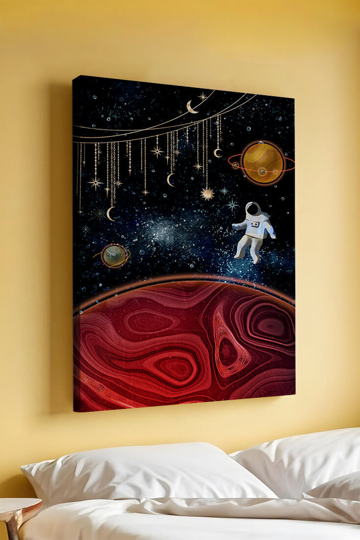 Surreal space scene with astronaut and celestial elements