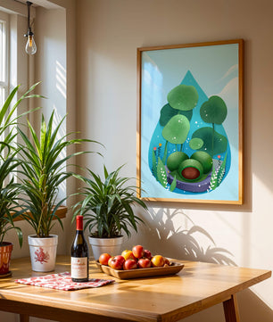 Nature-inspired abstract illustration with leaves and spheres