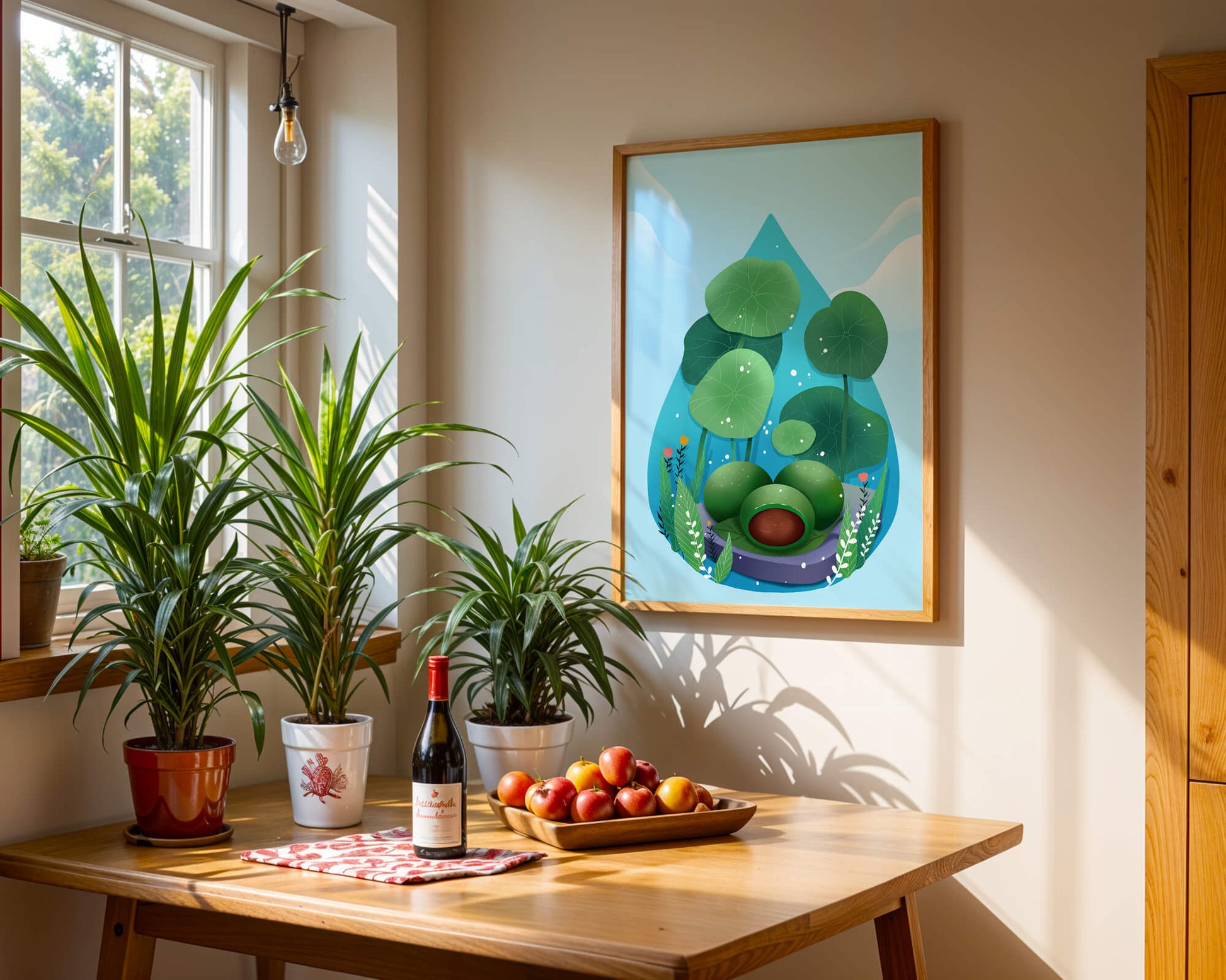 Nature-inspired abstract illustration with leaves and spheres