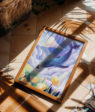 Paisaje surrealista con una ballena gigante y elementos caprichosos
