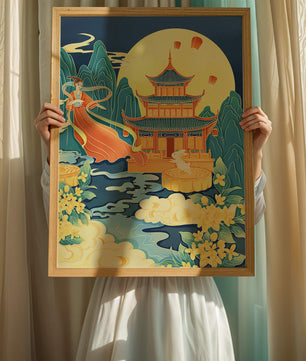 Ilustración serena con elementos chinos y naturaleza