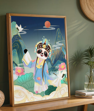 Charmanter Panda in traditioneller Tracht inmitten malerischer Berge und Kraniche