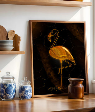 Elegant golden flamingo on abstract dark background