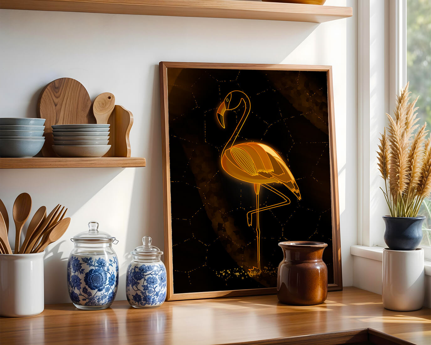 Elegant golden flamingo on abstract dark background