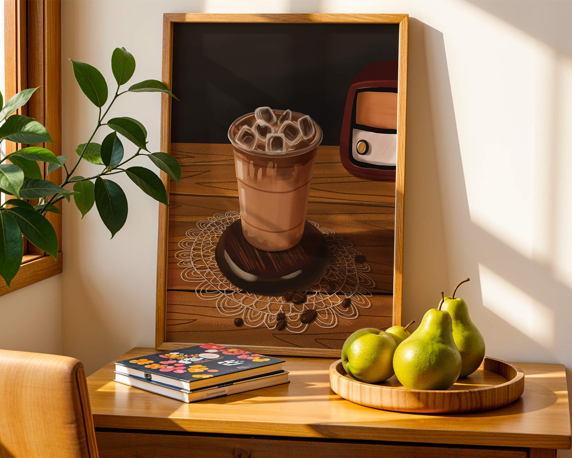 Escena de café vintage con café helado y radio retro