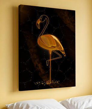Elegant golden flamingo on abstract dark background