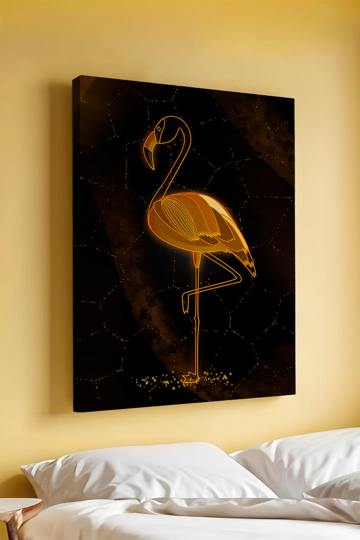 Elegant golden flamingo on abstract dark background