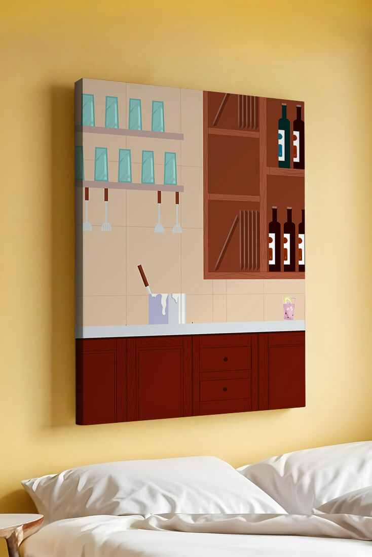 Modern kitchen interior with wooden cabinets and glass shelves