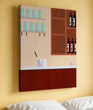 Interior de cocina moderna con gabinetes de madera y estantes de vidrio