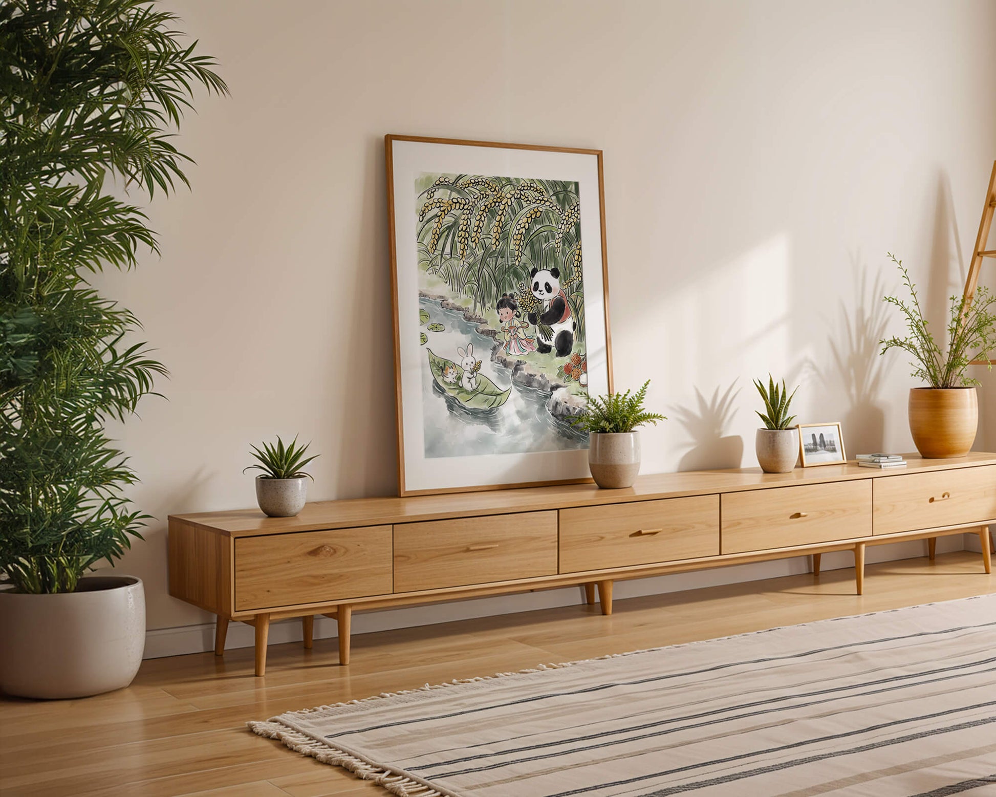 Escena caprichosa con un panda y un conejo junto al río