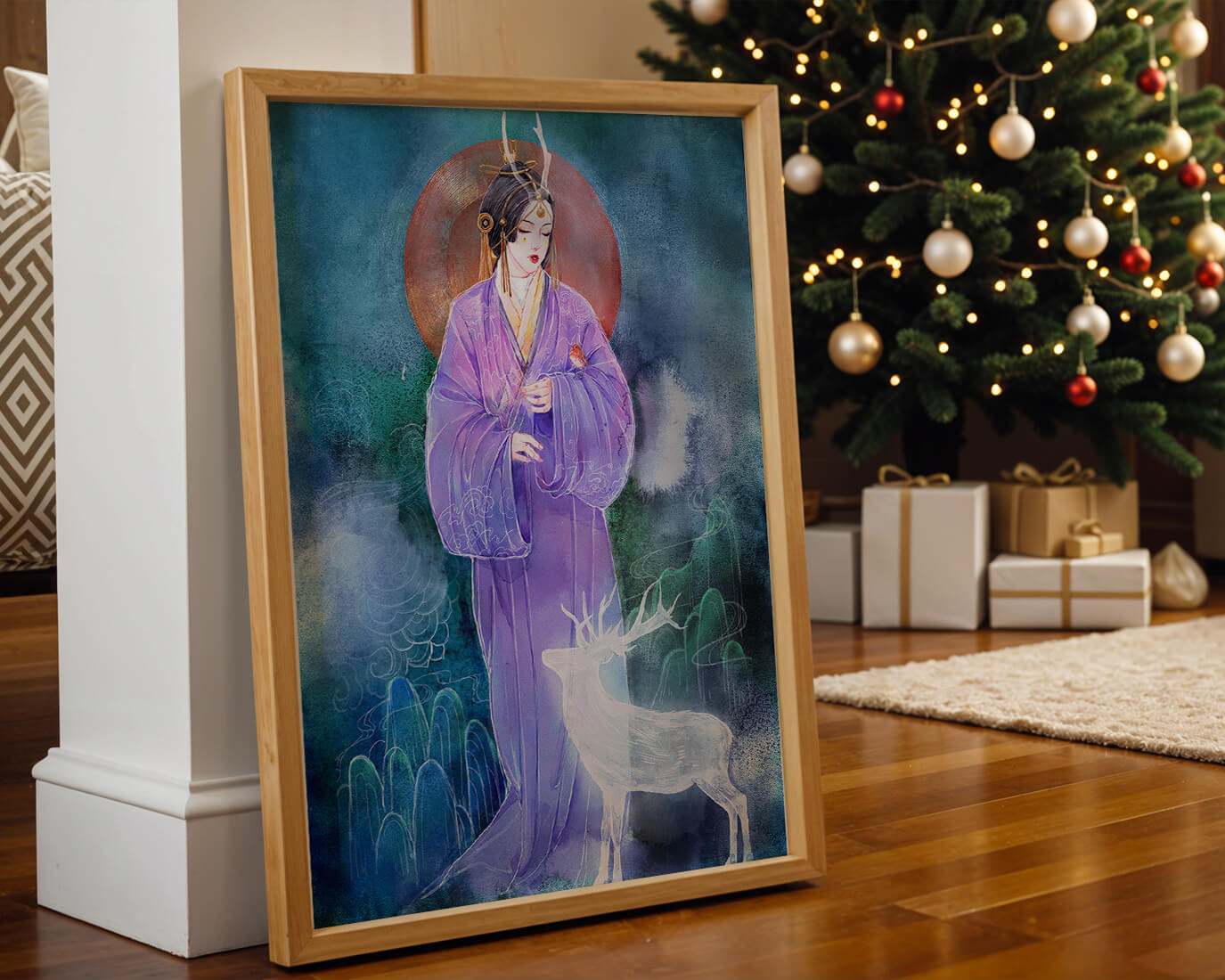 Elegant woman in traditional attire with a mystical deer set against a serene backdrop