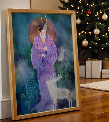 Elegant woman in traditional attire with a mystical deer set against a serene backdrop