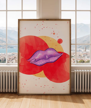 Vibrant Abstract Artwork Featuring Purple Lips on Watercolor Background