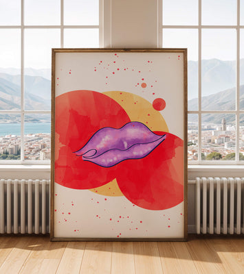 Vibrant Abstract Artwork Featuring Purple Lips on Watercolor Background