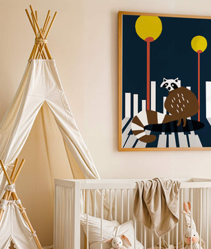 Raccoon Illustration with Urban Street Lamps and Geometric Design