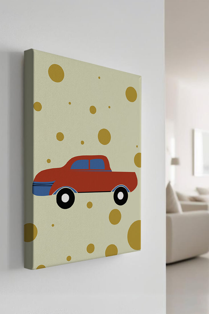 Abstract illustration of a red car with golden circles on a beige background