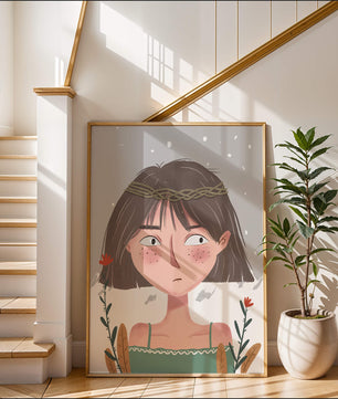 Illustrated girl with a braided crown, floral accents, and expressive features