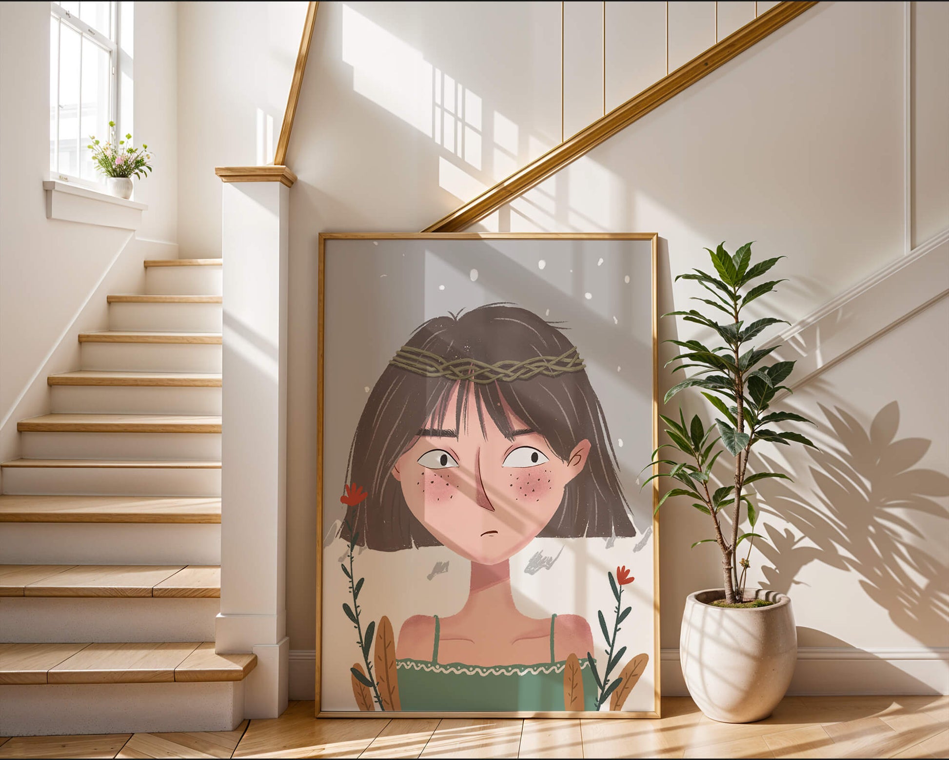 Illustrated girl with a braided crown, floral accents, and expressive features