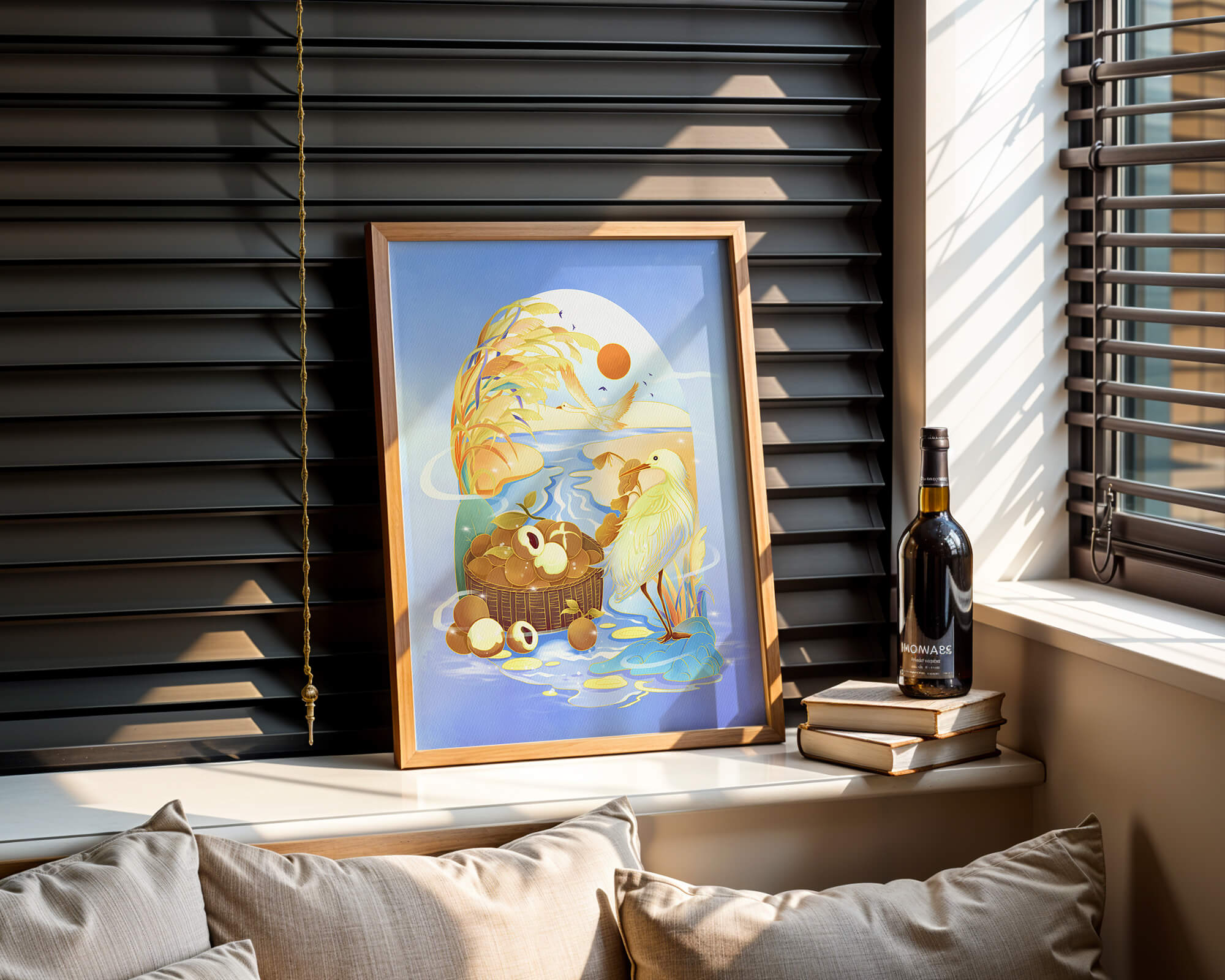 Serene landscape with a bird, fruit basket, and golden reeds under a bright sun