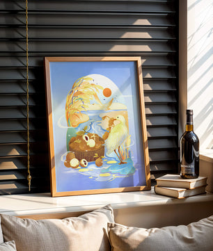 Serene landscape with a bird, fruit basket, and golden reeds under a bright sun