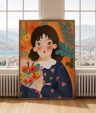 Ilustración colorida de una chica con flores rodeada de un fondo floral vibrante