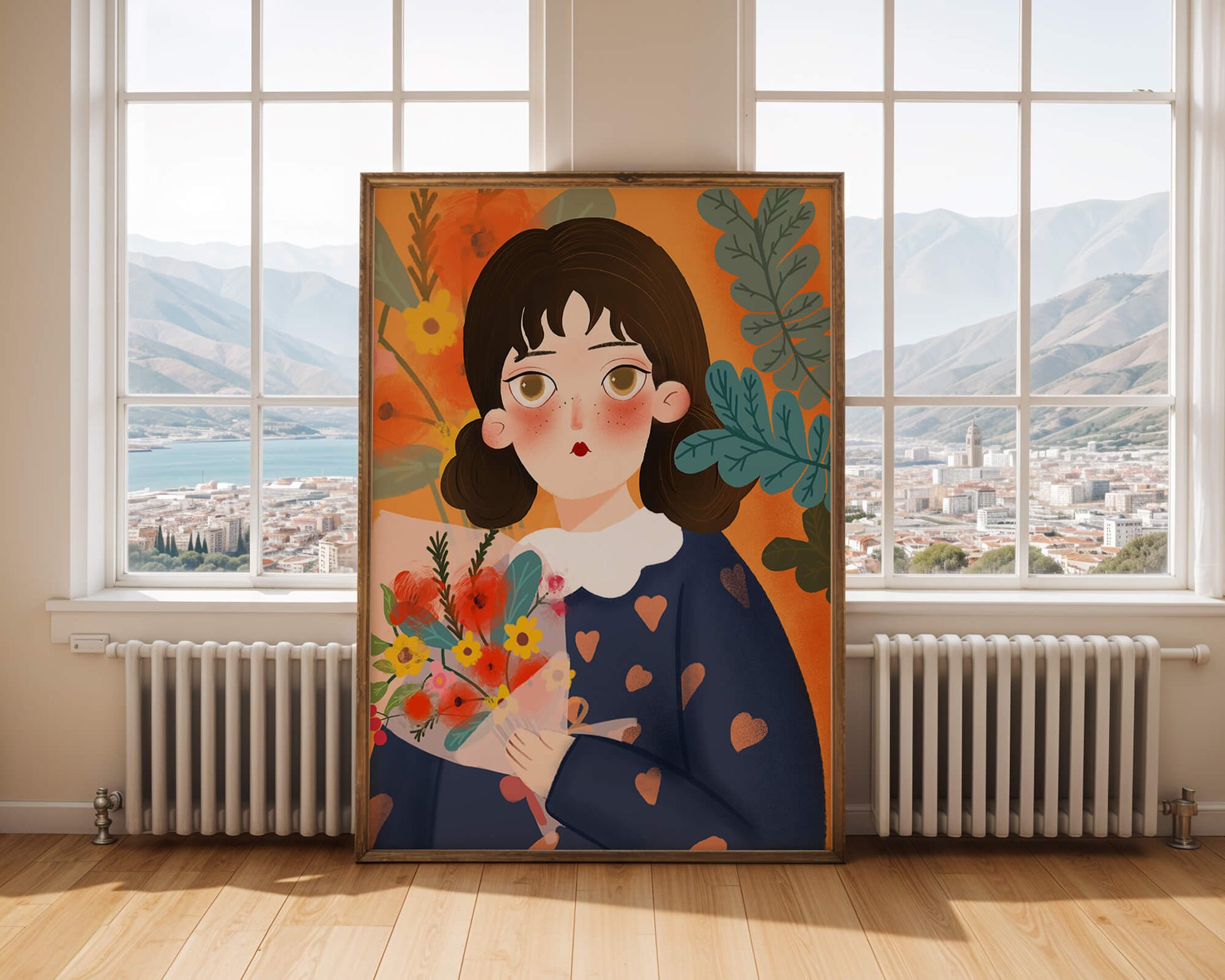 Ilustración colorida de una niña con flores rodeada de un fondo floral vibrante.