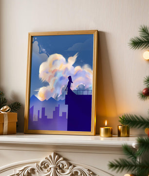 Silhouette of a woman on rooftop against a dreamy sky with colorful clouds