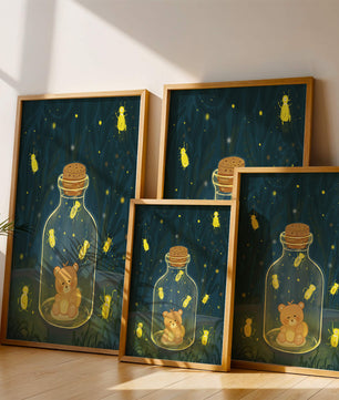 Charming teddy bear in a jar with glowing fireflies