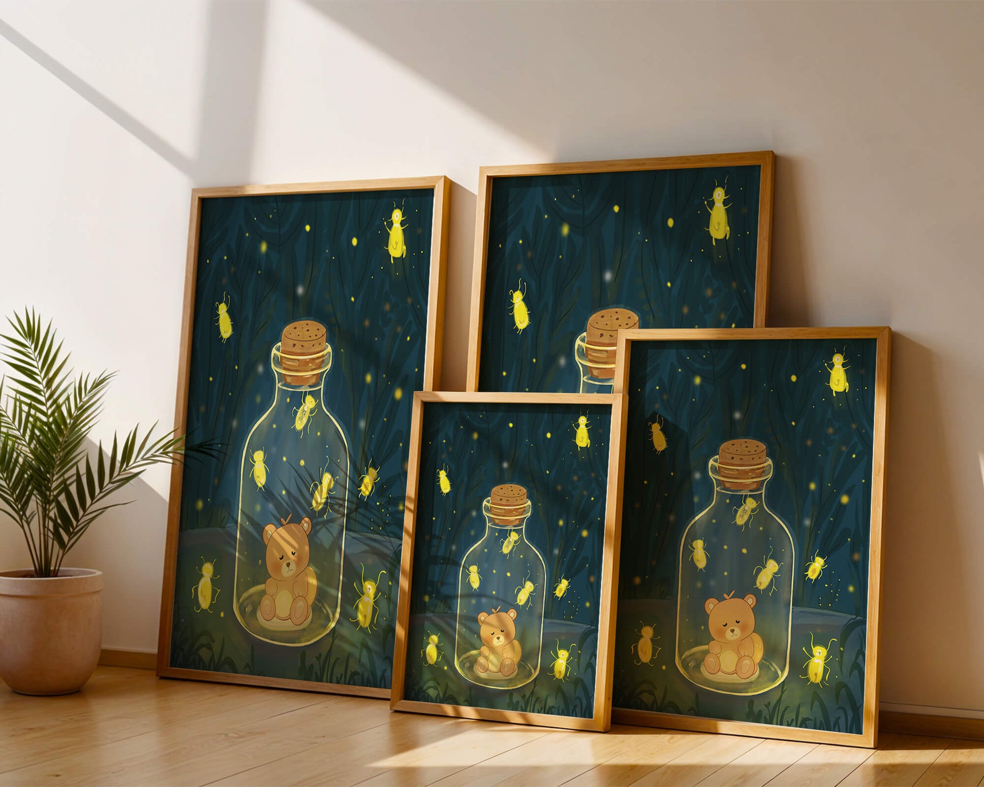 Charming teddy bear in a jar with glowing fireflies
