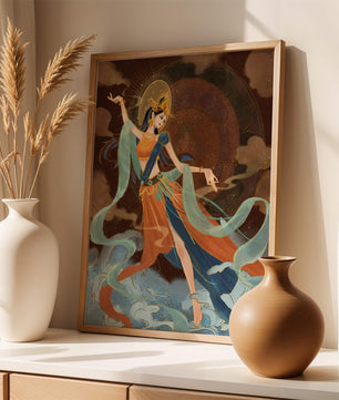 Elegant depiction of an ethereal dancer in vibrant traditional attire