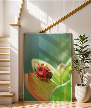 Ladybug on Leaf with Dew Drops in Serene Nature Setting - Mi tienda