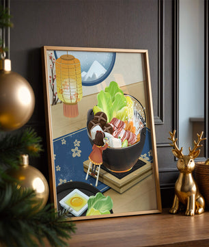 Illustration eines gemütlichen Winteressens mit Hot Pot und Zutaten