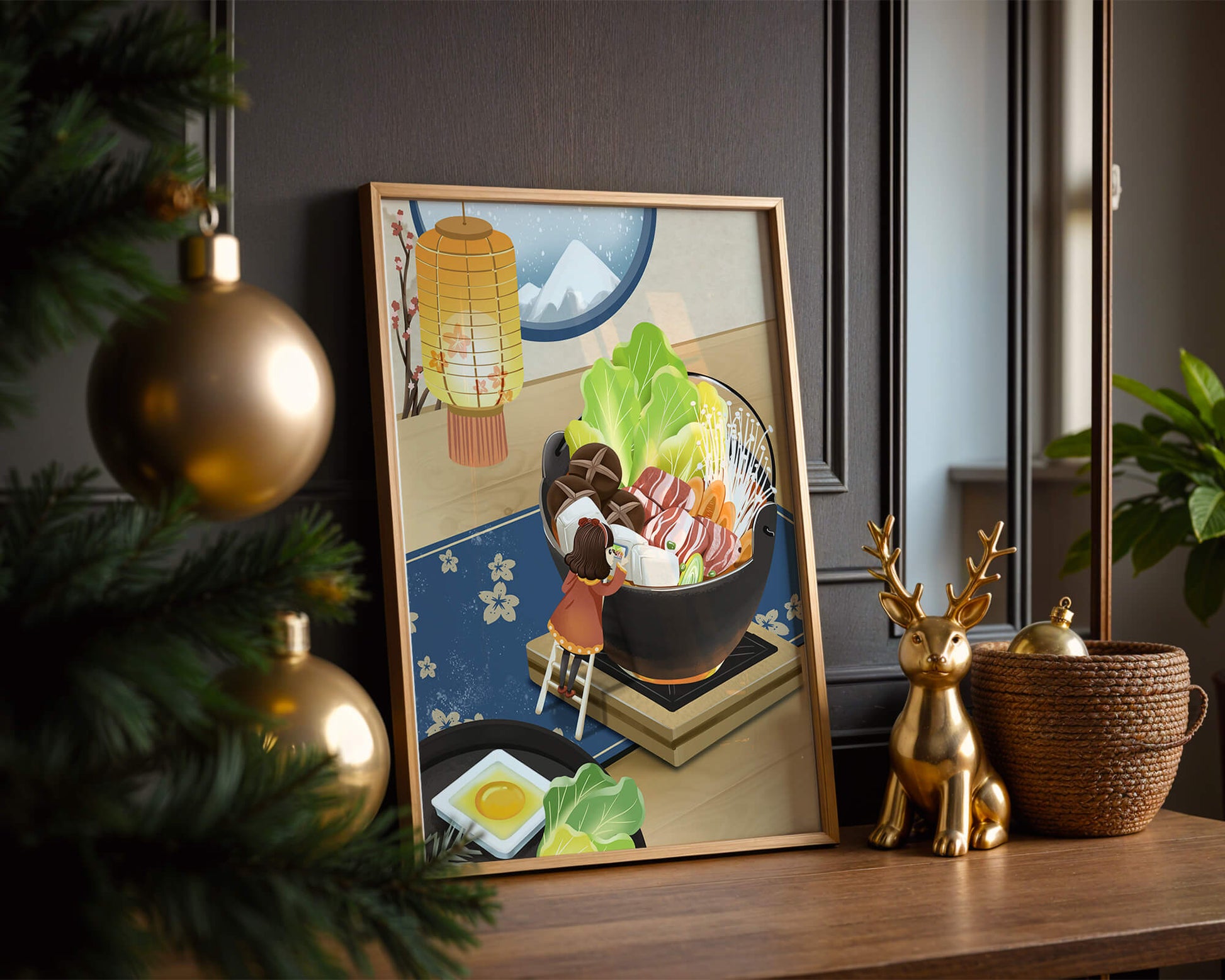 Illustration eines gemütlichen Winteressens mit Hot Pot und Zutaten
