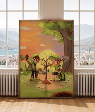 Kinder pflanzen einen Baum in einer lebendigen Sonnenuntergangslandschaft
