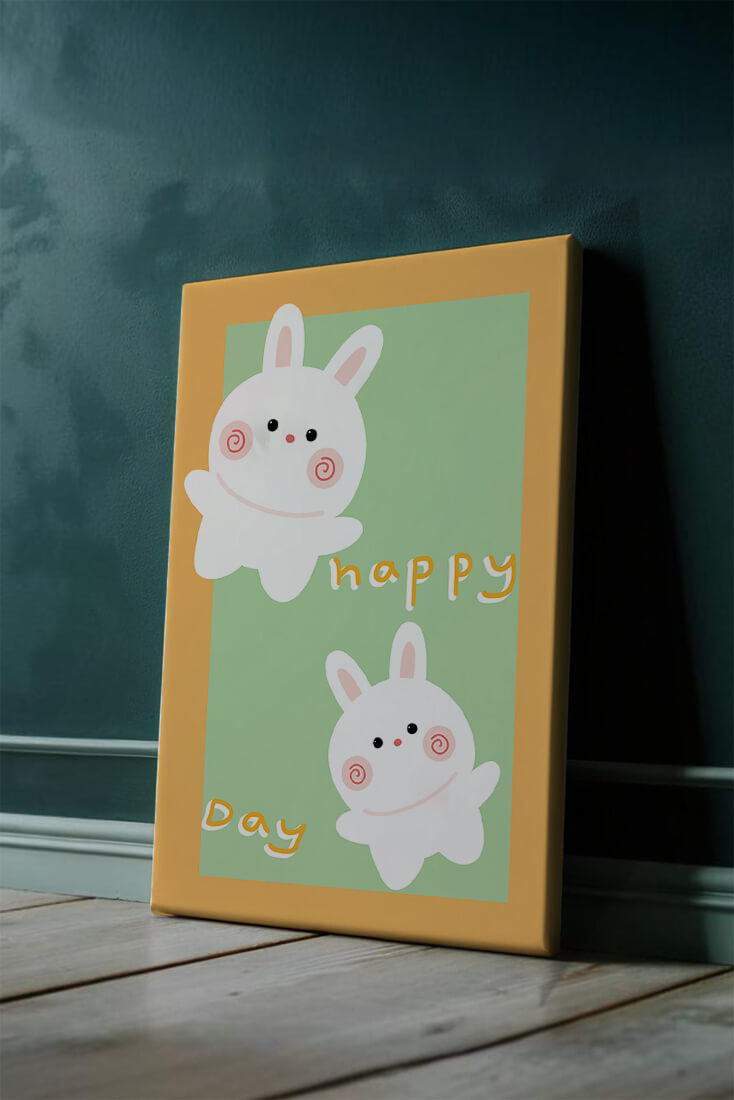 Conejos de dibujos animados juguetones con mensaje de día feliz sobre fondo colorido